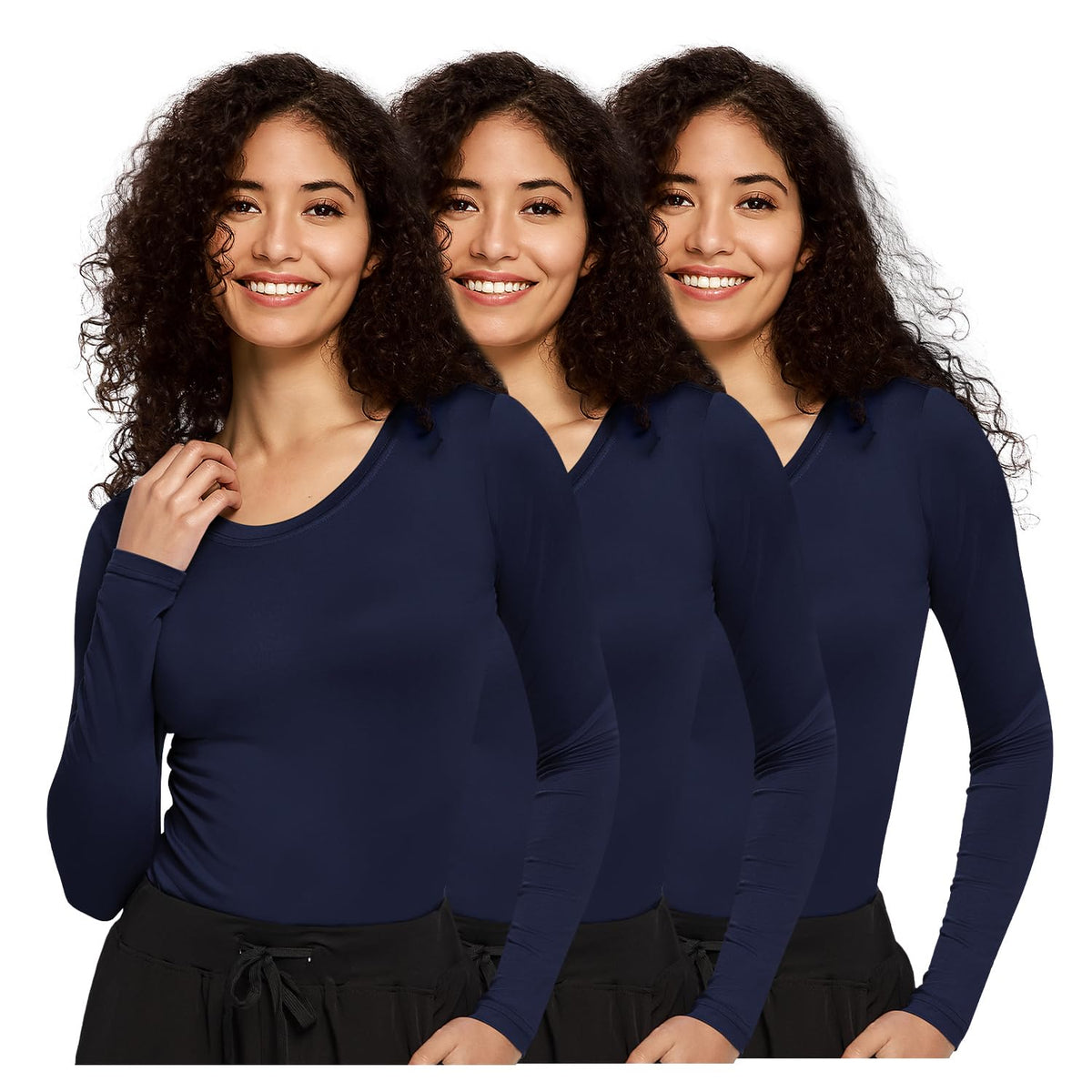 3 Pack Underscrub Long Sleeve Women, Scrubs Undershirts, Navy Blue, L