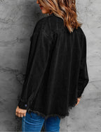 Vetinee Women's Country Outfits For Women Oversized Boyfriend True Black Front Button Up Frayed Raw Hem Long Sleeve Pockets Denim Jean