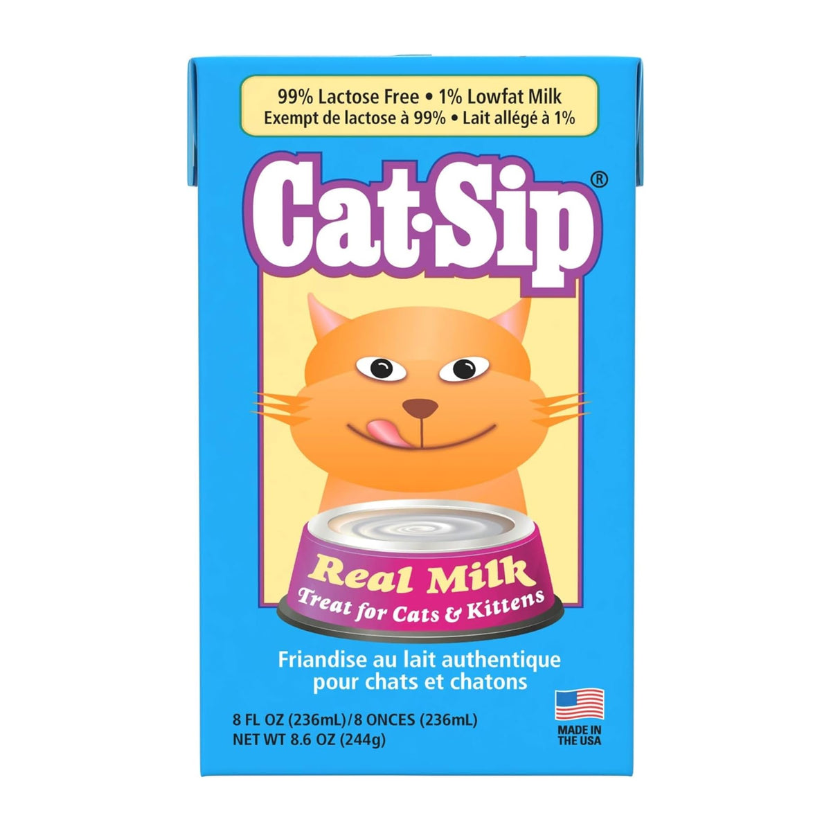 PetAg Cat-Sip Real Milk Supplement - 8 oz - Ready-to-Feed Snack for Cats & Kittens - Easy to Digest with 99% Lactose-Free, Low-Fat Grade A Milk - Encourages Hydration - Promotes Eye & Heart Health