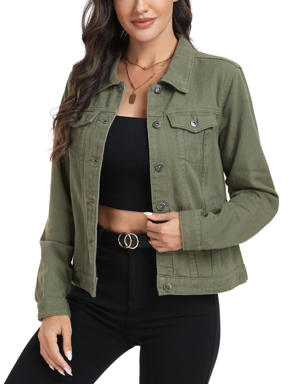 Miss Moly Women's Denim Jacket Classic Button Up Jean Elm Green S