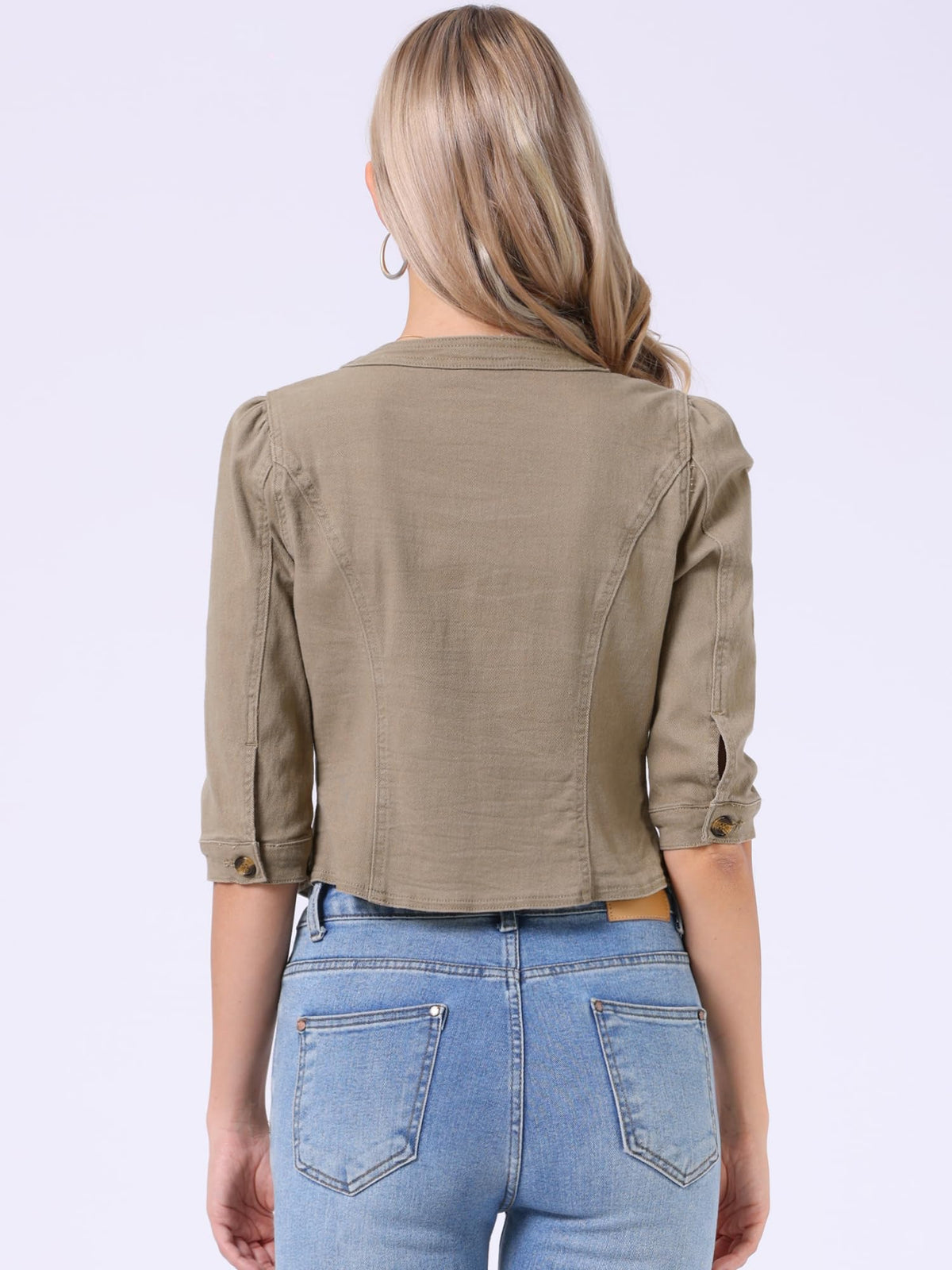 Allegra K Women's Denim Cardigan 3/4 Sleeve Collarless Jean Jackets - Khaki Brown