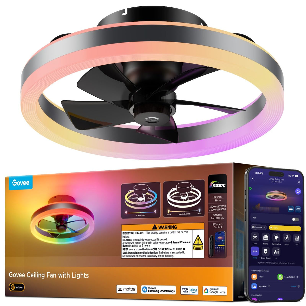 Govee Ceiling Fan with Lights, 20'' RGBIC Oscillating Flush Mount Bladeless Ceiling Fans with Lights and Remote, 12 Speeds Reversible DC Motor, 3100lm, Low Profile Ceiling Fan for Bedroom, Living Room