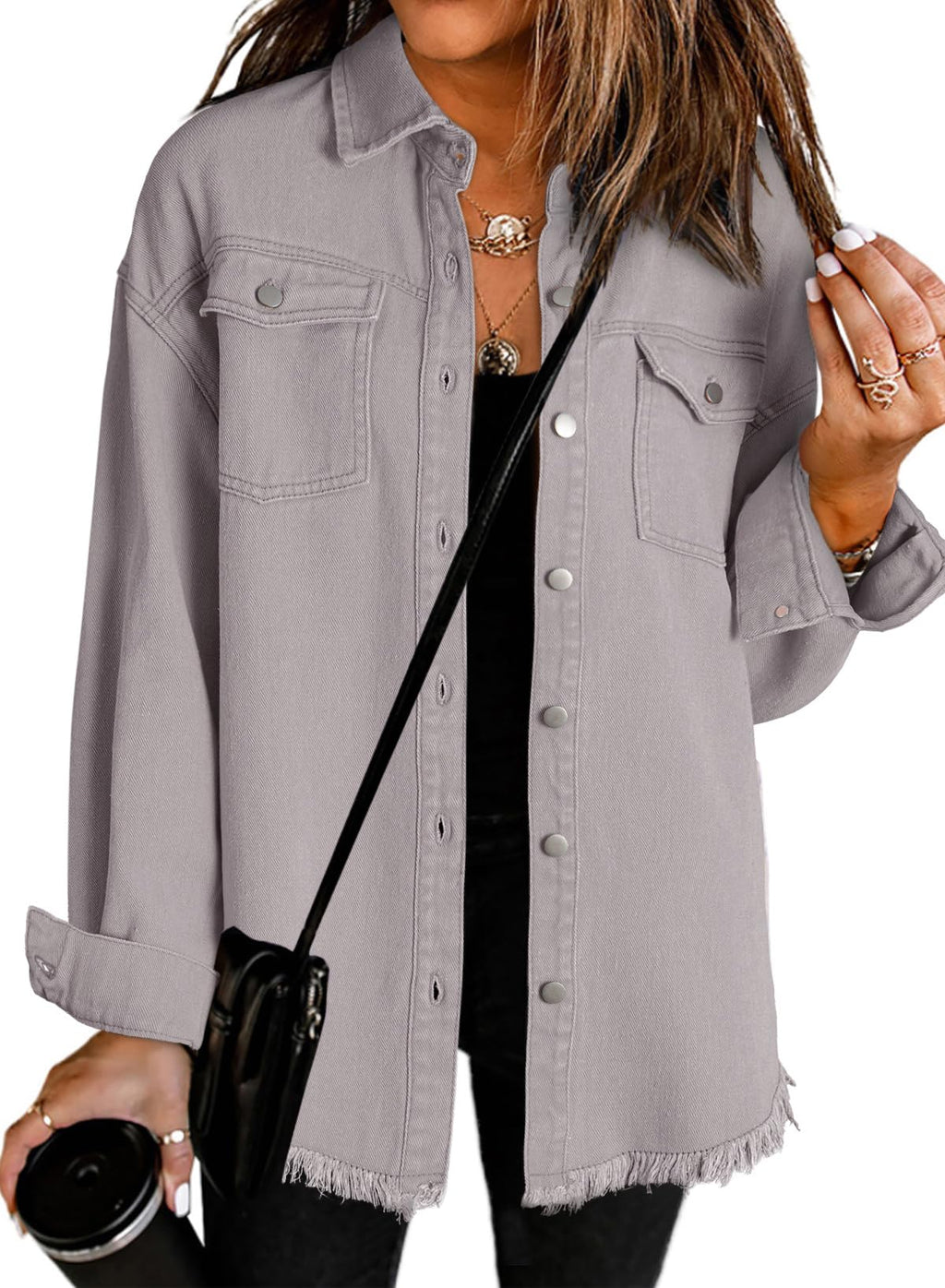 Dokotoo Western Outfits For Women Oversized Jean Jacket With Pockets Grey S - A Gray