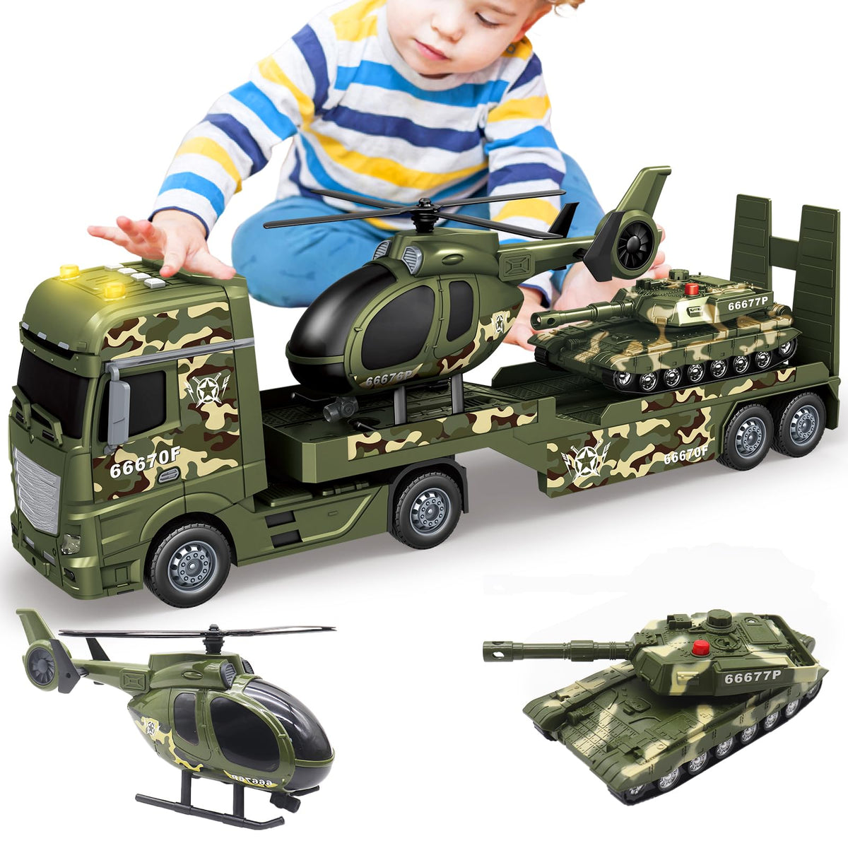 Big Green Military Truck Toy - 25.6’’ Large Semi Truck Toy with Helicopter and Tank - Army Toys with Sounds & Light, Friction Powered Cars Toys Birthday Gift for Kids Boys Girls 3 4 5 6 7 8