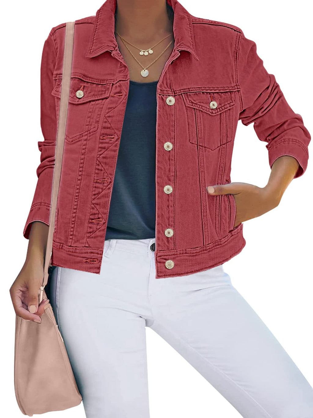 Luvamia Womens Red Jean Jacket Jackets Jeans For Women - Baroque Rose
