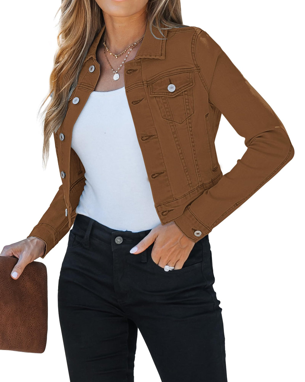 Luvamia Womens Fashion Long Sleeve Button Down Stretchy Denim Jean Jacket Ladies Fall Jackets Chaqueta De Mezclilla Para Mujer Brown Size