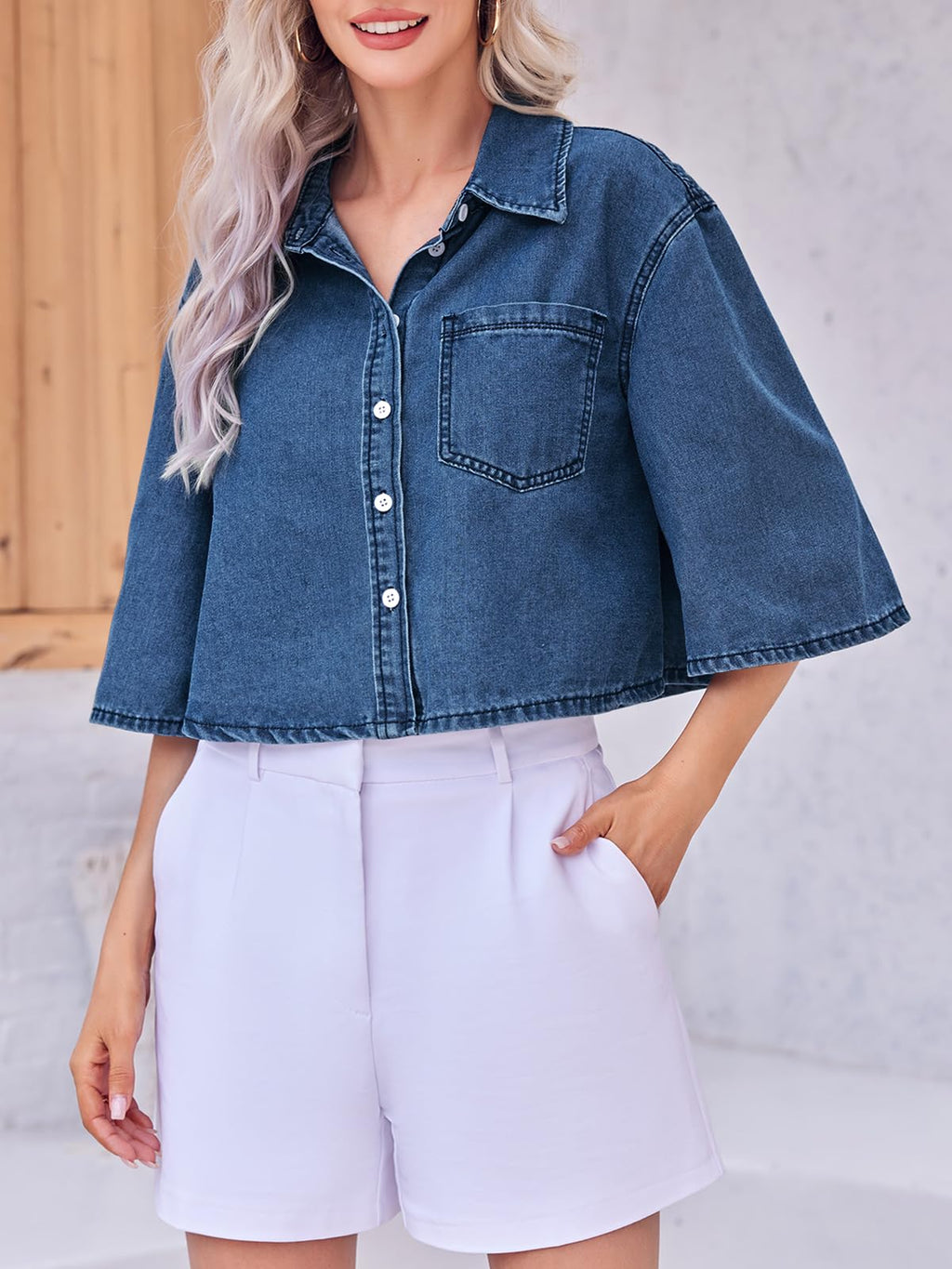 Tankaneo Womens Denim Top Shirt Half Sleeve Button Down Cropped Jean Jacket - Blue
