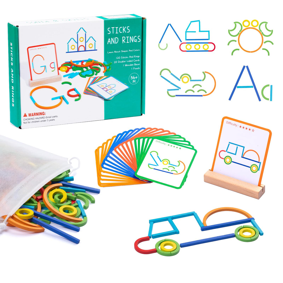 142pcs Wooden Pattern Blocks Montessori Smart Sticks Wooden Tangram Puzzle STEM Toy Activities Preschool Brain Teaser Montessori Toys Gift for 3 4 5 Years Old Kids Boys Girls