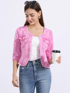 Allegra K Women's Denim Cardigan 3/4 Sleeve Collarless Jean Jackets - Washed Pink