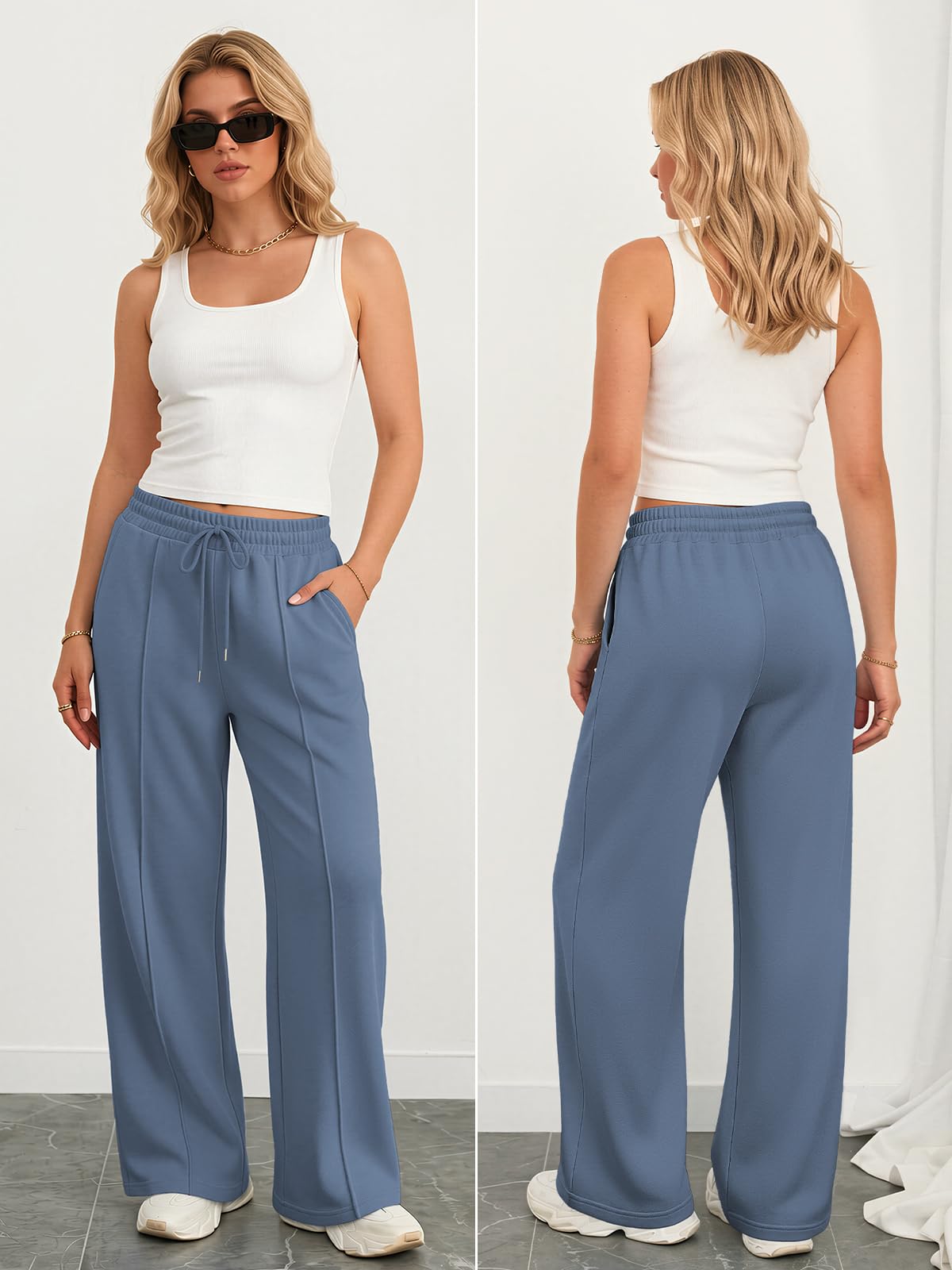 Athmile Women's Wide-Leg Sweatpants High-Waisted Baggy - Grey Blue
