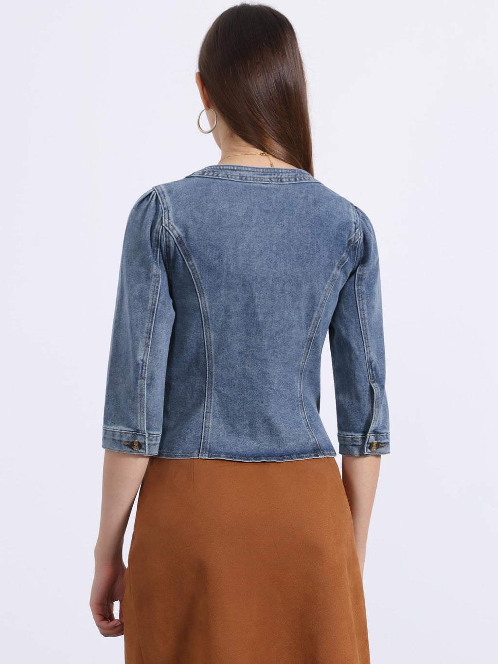 Allegra K Women's Denim Cardigan 3/4 Sleeve Collarless Jean Jackets - Washed Blue