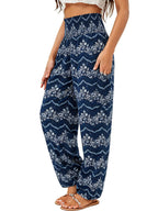 Qianxizhan Women's Harem Pants High-Waist Yoga Boho - Royalblue Flower