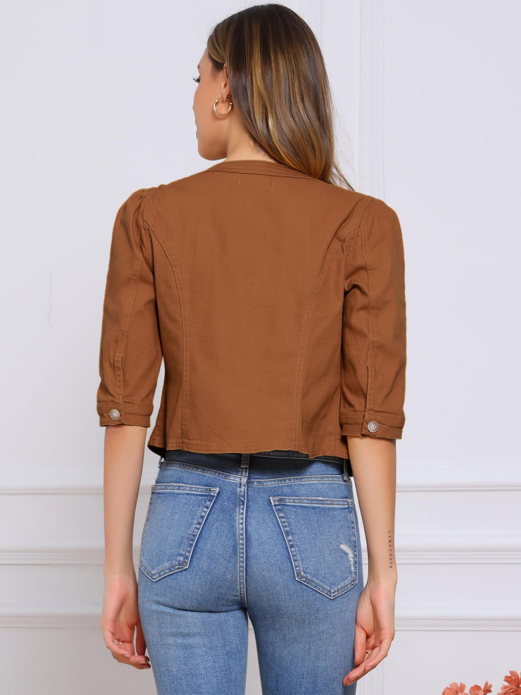 Allegra K Women's Denim Cardigan 3/4 Sleeve Collarless Jean Jackets - Yellowish Brown