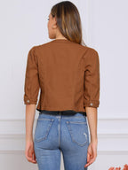 Allegra K Women's Denim Cardigan 3/4 Sleeve Collarless Jean Jackets - Yellowish Brown