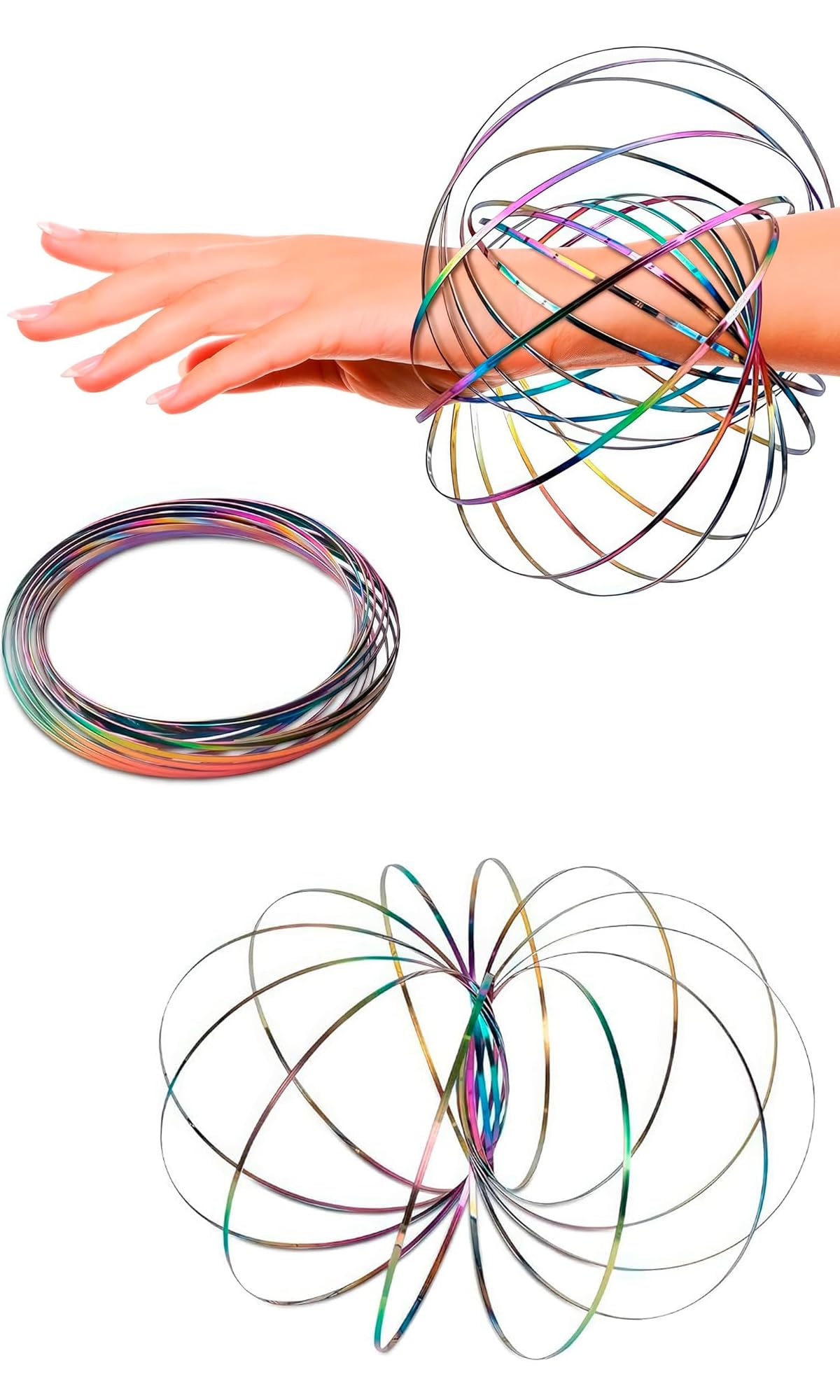 Flow Ring Spinner Ring Arm Toy 5.1" - Rust Resistant Stainless Steel Infinity Loop Flow Rings with Changing Colors & Geometric Spin- Flat Folding, Kinetic Magic Rings for Relaxation & Calming Motion