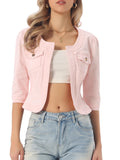 Allegra K Women's Denim Cardigan 3/4 Sleeve Collarless Jean Jackets - Light Pink