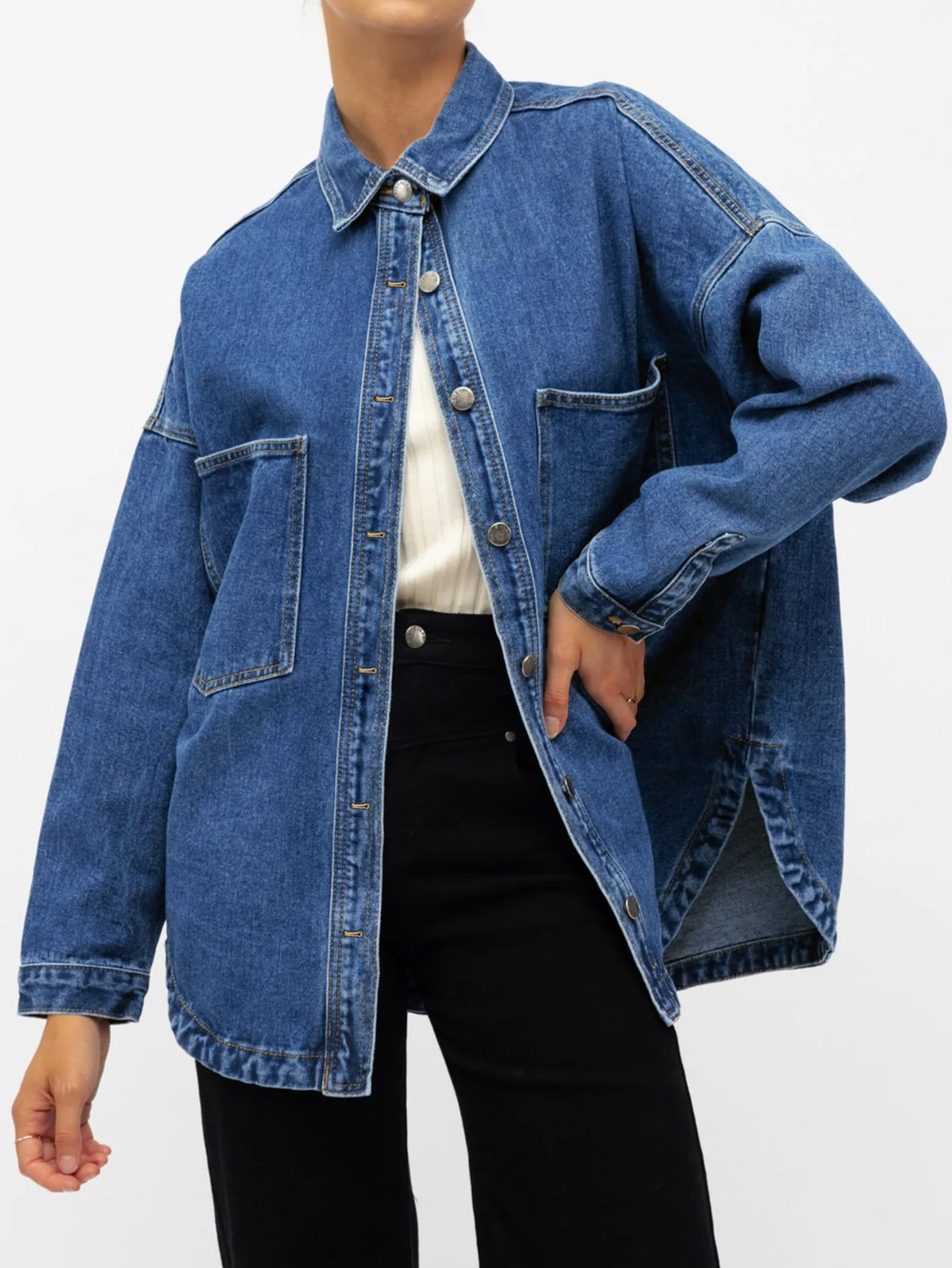 Emmiol Women Denim Shirts Oversized Long Sleeve Button Down Blouse Distresse Jean Jacket Fall Outfits 2026 Mid Blue,s