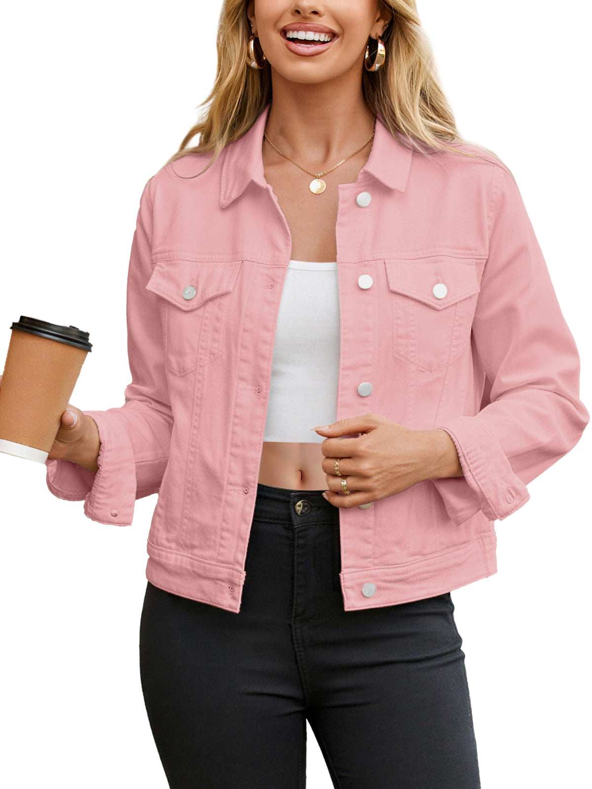 Glamaker Jean Jacket Women 2026 Long Sleeve Vintage Western Button Down Shacket Trendy Autumn Outfits With Pockets (pink XXL)