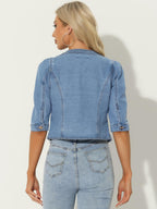 Allegra K Women's Denim Cardigan 3/4 Sleeve Collarless Jean Jackets - Light Blue