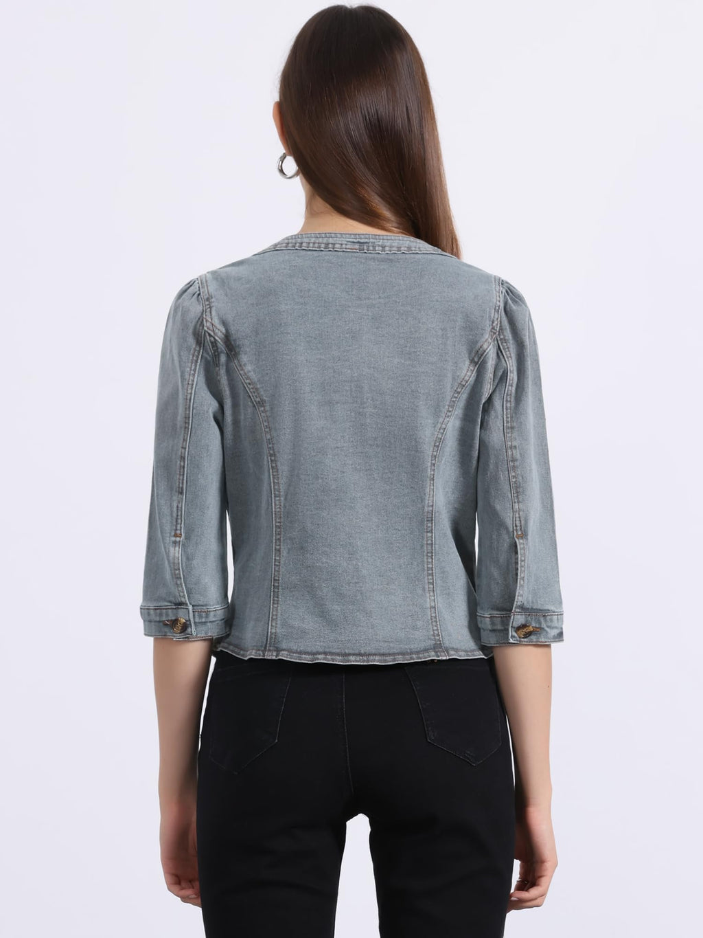 Allegra K Women's Denim Cardigan 3/4 Sleeve Collarless Jean Jackets - Gray
