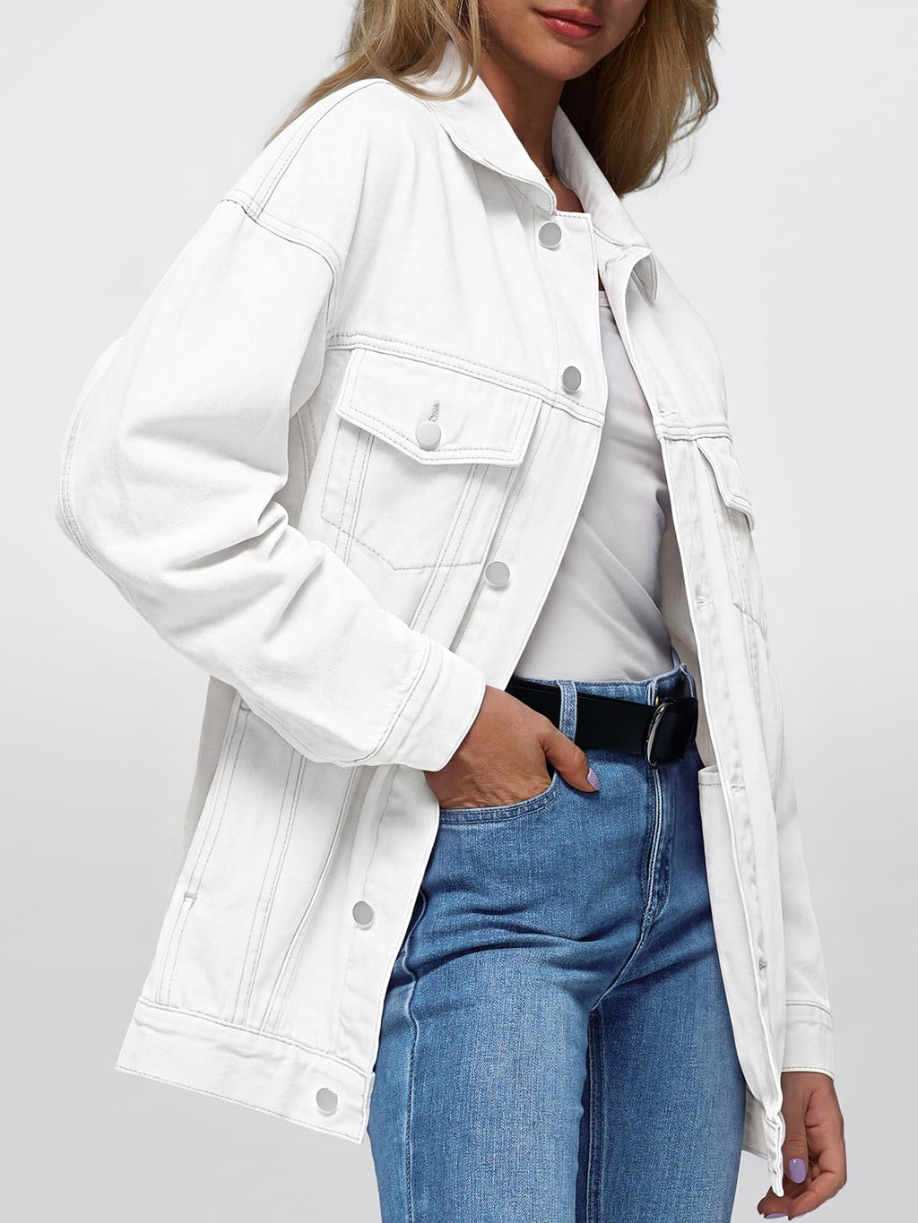 Automet Women's Button Down Oversized Jeans Jacket With Pockets - White