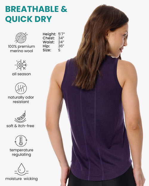 100% Merino Wool Tank Top Women - Active Sleeveless Undershirt Base Layer (XX-Large, H: Dark Purple)