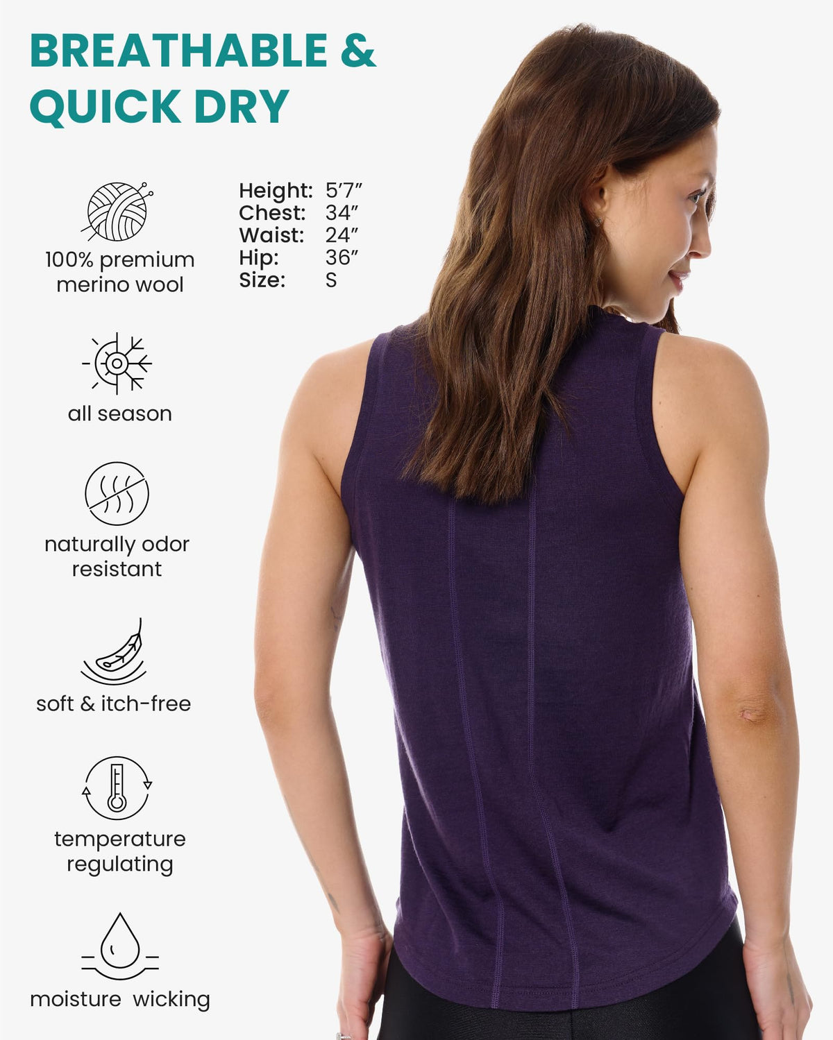 100% Merino Wool Tank Top Women - Active Sleeveless Undershirt Base Layer (X-Small, H: Dark Purple)
