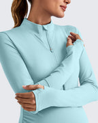 G4free Maternity Shirts For Women Long-Sleeve Quarter Zip Light Blue