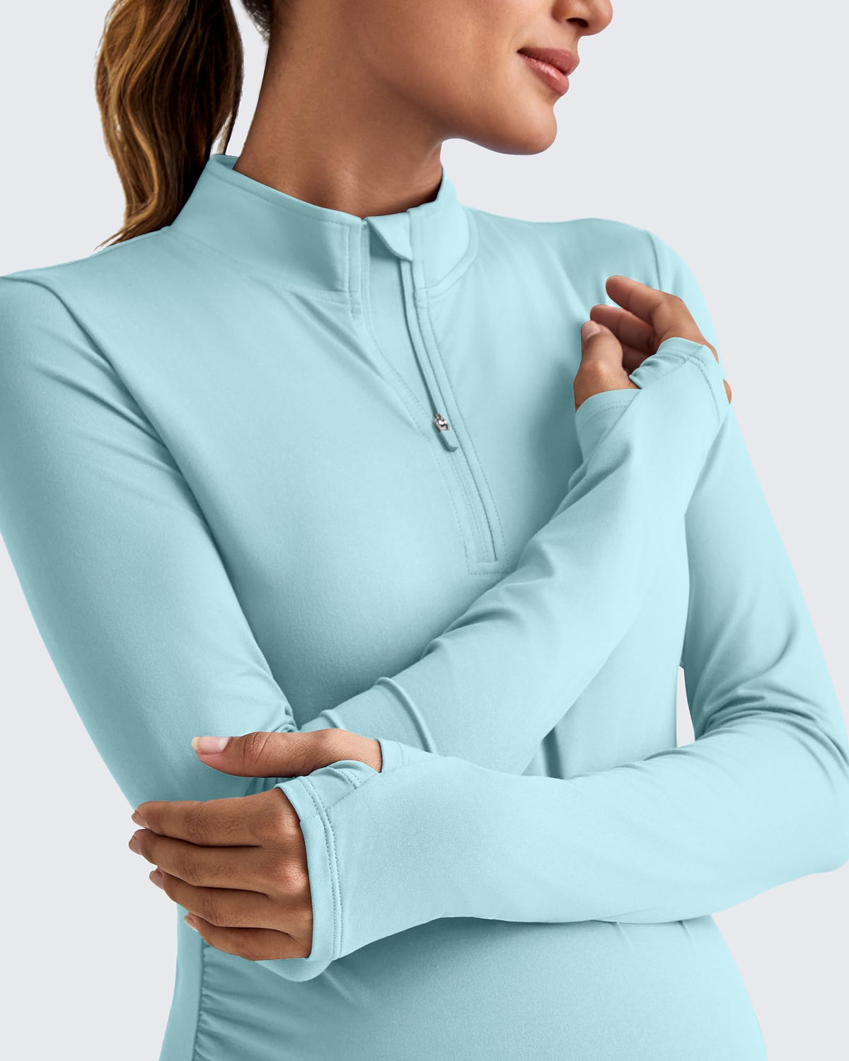 G4free Maternity Shirts For Women Long-Sleeve Quarter Zip Light Blue