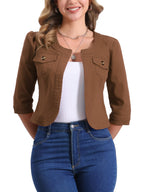Allegra K Women's Denim Cardigan 3/4 Sleeve Collarless Jean Jackets - Brown