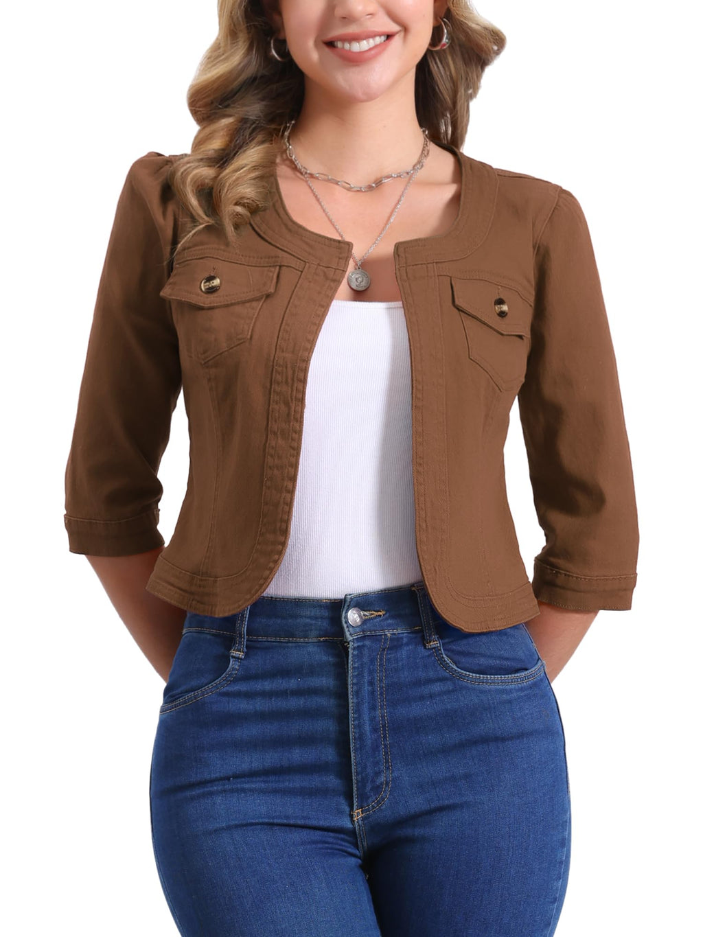 Allegra K Women's Denim Cardigan 3/4 Sleeve Collarless Jean Jackets - Brown