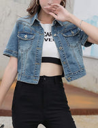 Omoone Women's Summer Short Sleeve Crop Denim Trucker Jacket Jean Coat Tops(darkblue-m) - Dark Blue
