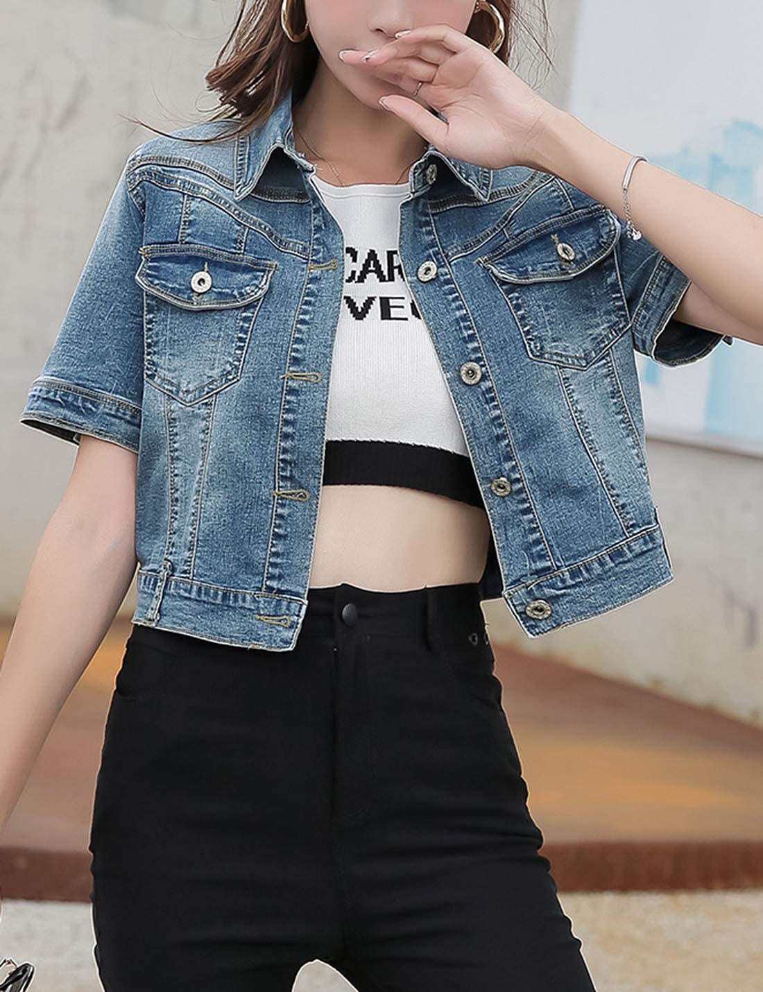 Omoone Women's Summer Short Sleeve Crop Denim Trucker Jacket Jean Coat Tops(darkblue-m) - Dark Blue