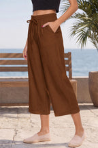 Lnx Women's Linen Pants Wide-Leg High-Waisted Capri With - Caramel