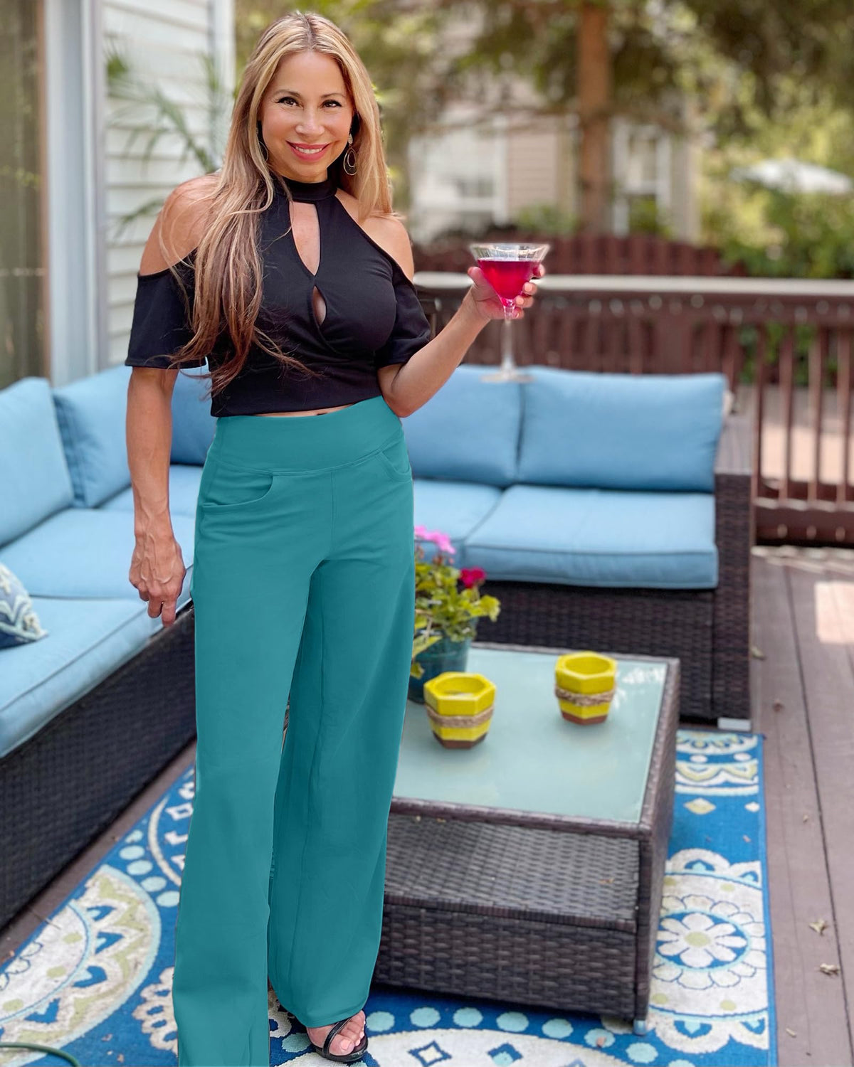 Promover Wide-Leg Pants For Women With Pockets Stretch Turquoise Xl