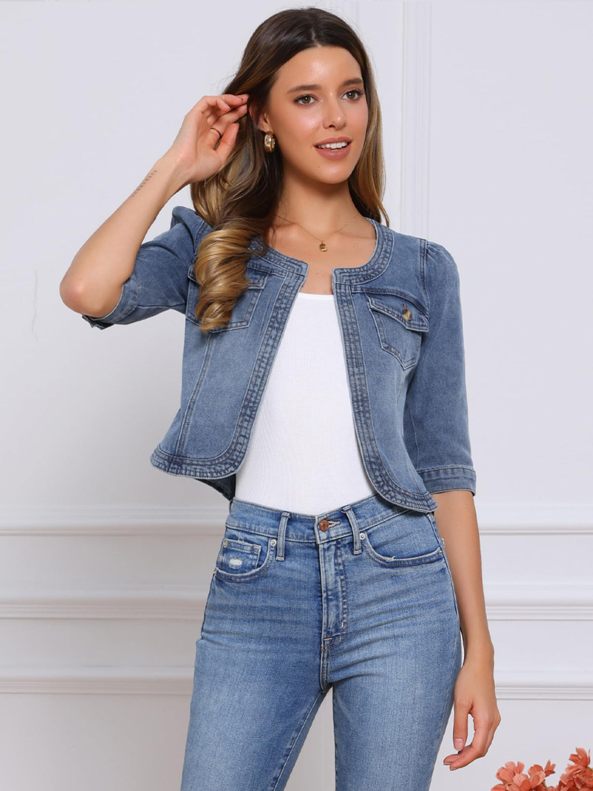 Allegra K Women's Denim Cardigan 3/4 Sleeve Collarless Jean Jackets - Gray Blue