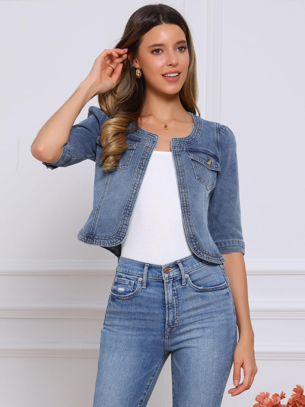 Allegra K Women's Denim Cardigan 3/4 Sleeve Collarless Jean Jackets - Gray Blue