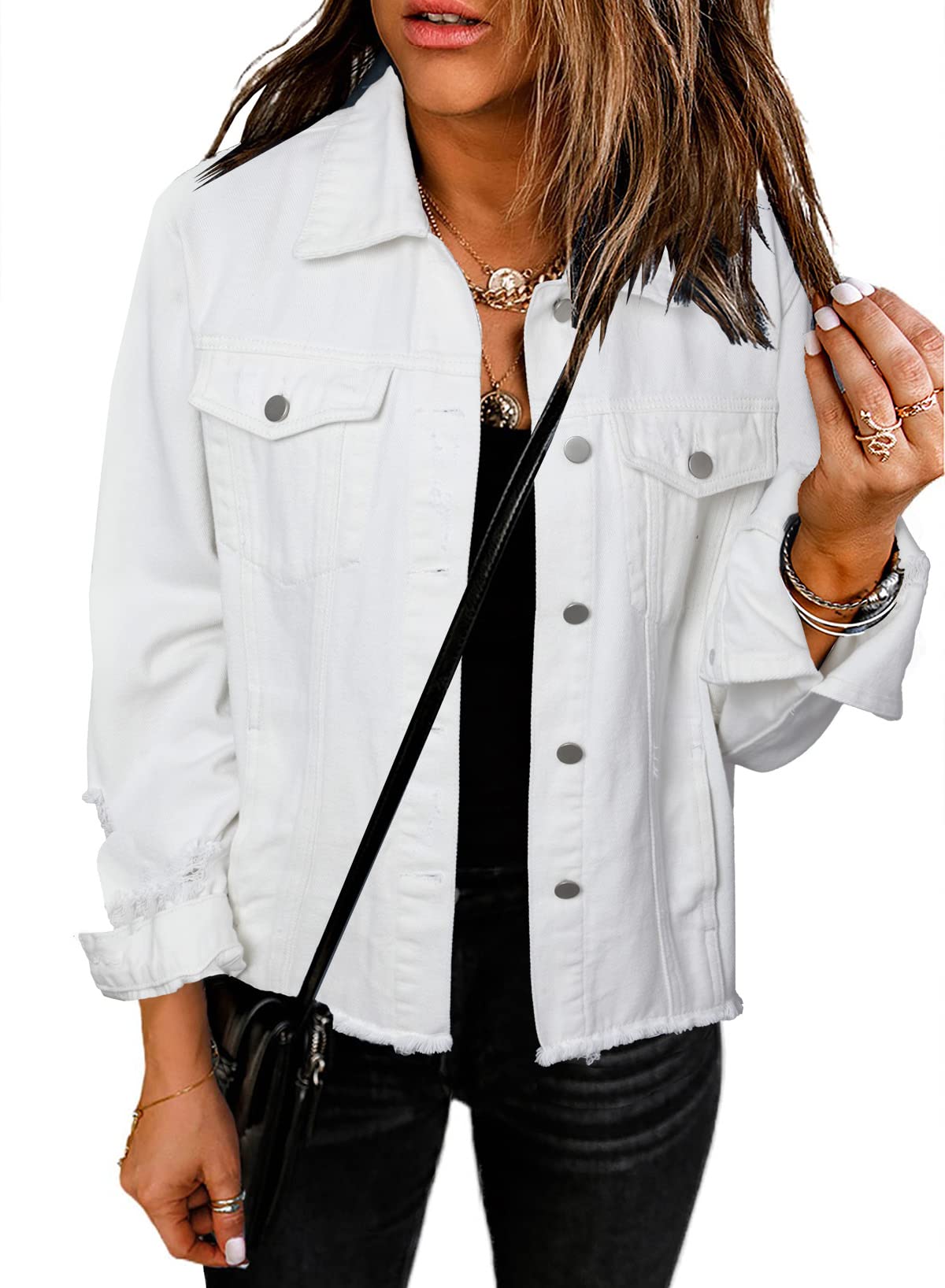 Evaless Womens Ripped Distressed Denim Jean Jacket 2026 Fall Spring Plus Size Stretch Classic Long Sleeve Button Down Washed Trucker For
