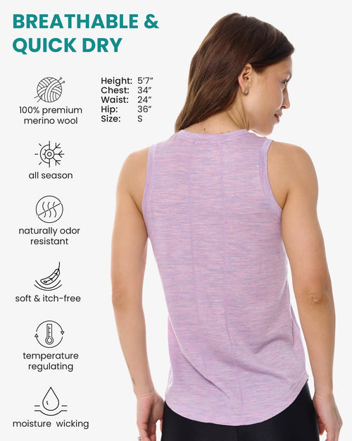 100% Merino Wool Tank Top Women - Active Sleeveless Undershirt Base Layer (Medium, H: Lilac)