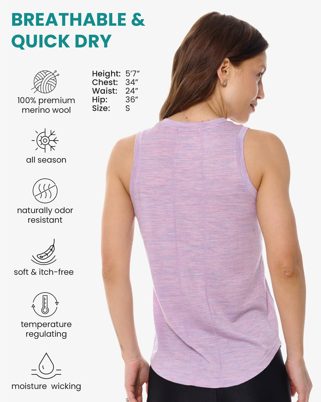 100% Merino Wool Tank Top Women - Active Sleeveless Undershirt Base Layer (Small, H: Lilac)