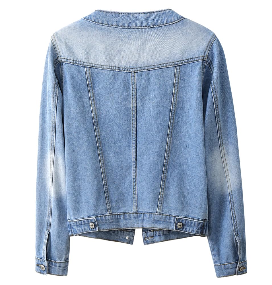 Kedera Jean Jacket Women Collarless Button Down Long Sleeve Western Denim Country Concert Outfits - Roadknight Blue