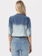 Allegra K Women's Denim Cardigan 3/4 Sleeve Collarless Jean Jackets - Blue White