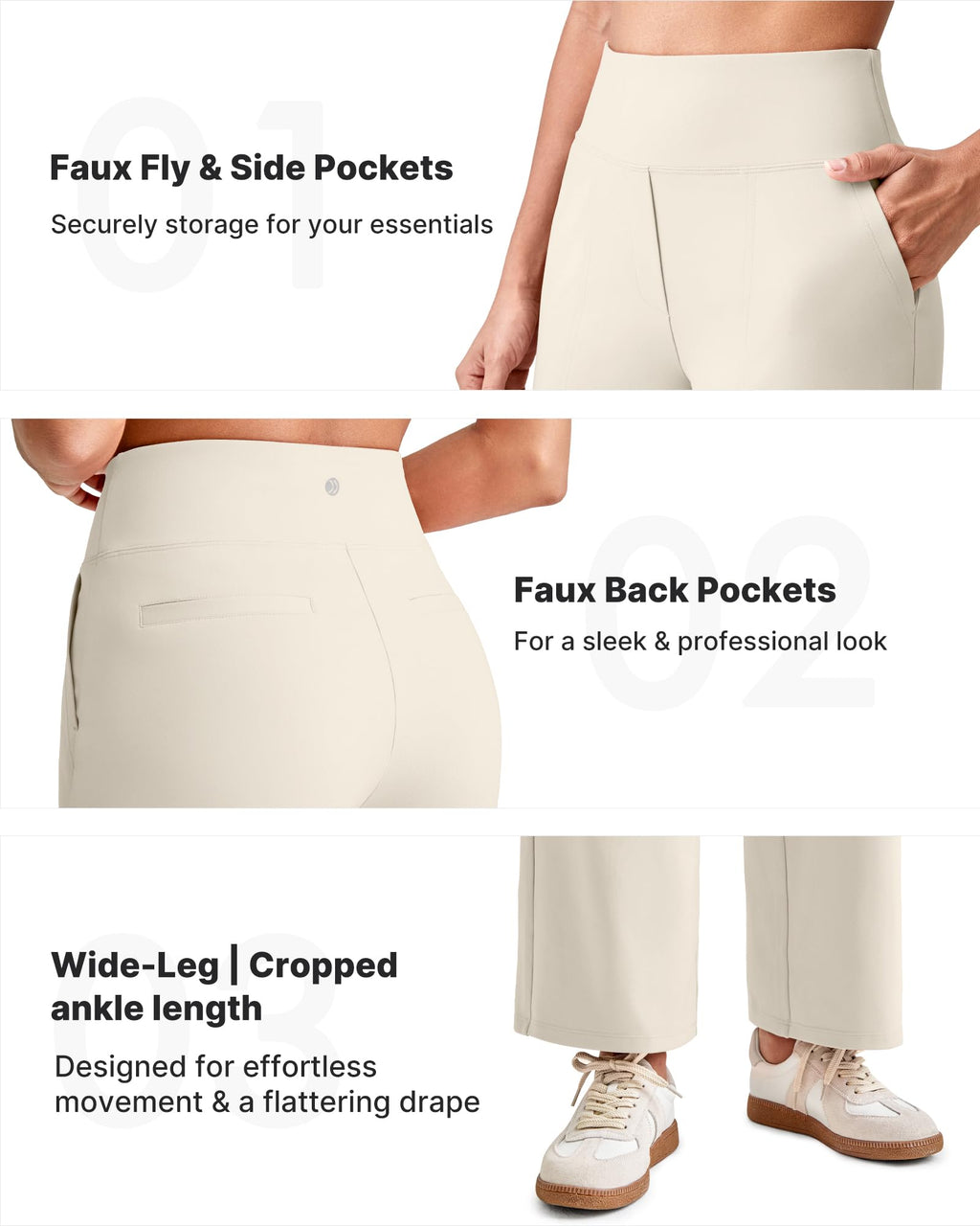 G4free Wide-Leg Pants For Women Ankle Length With Pockets Ivory Xl