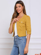 Allegra K Women's Denim Cardigan 3/4 Sleeve Collarless Jean Jackets - Yellow