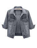 Unilexi Women's 3/4 Sleeve Colored Cropped Denim Jacket Light Wash Short Jean Trucker Coat(0096-grey-l), Large