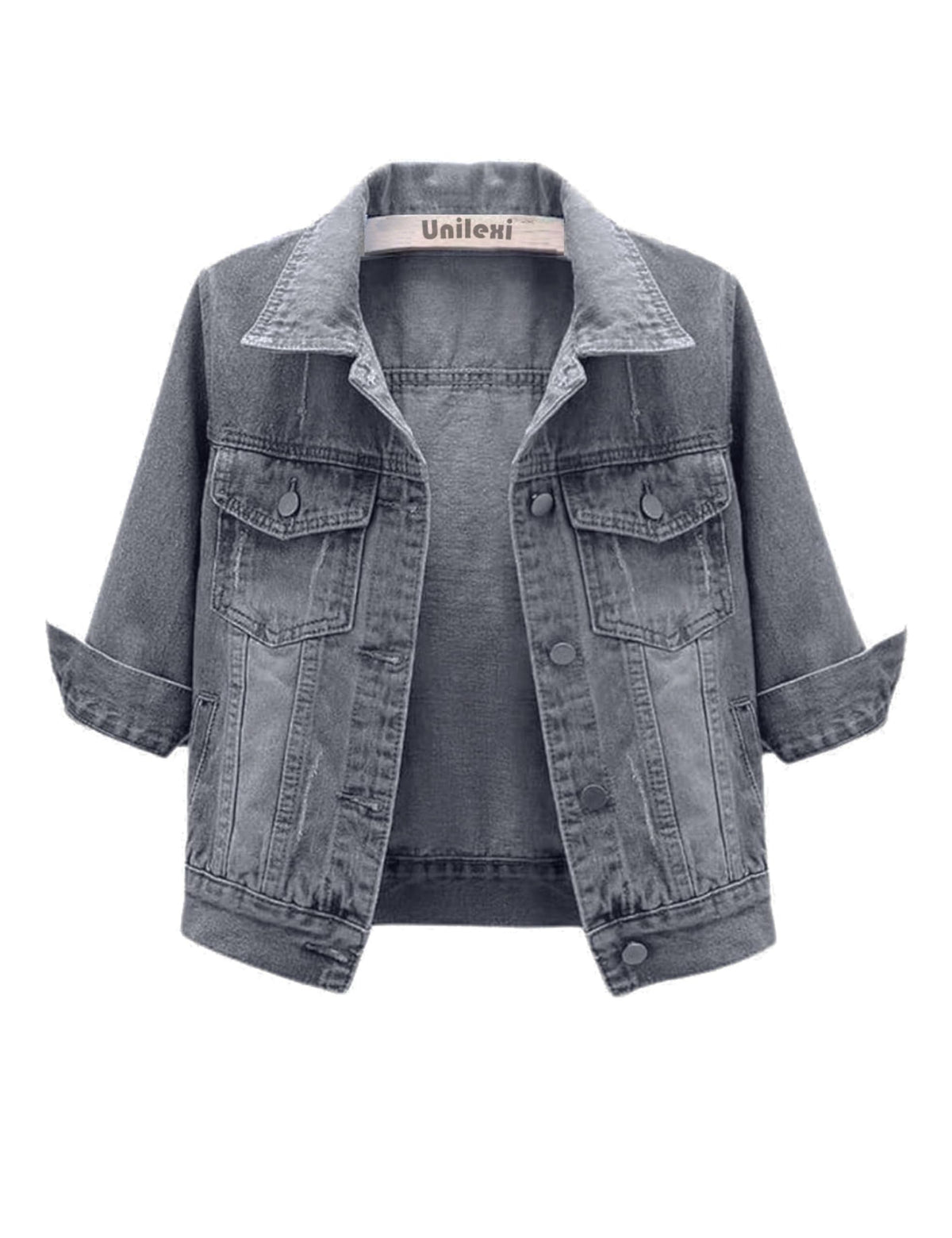 Unilexi Women's 3/4 Sleeve Colored Cropped Denim Jacket Light Wash Short Jean Trucker Coat(0096-grey-l), Large