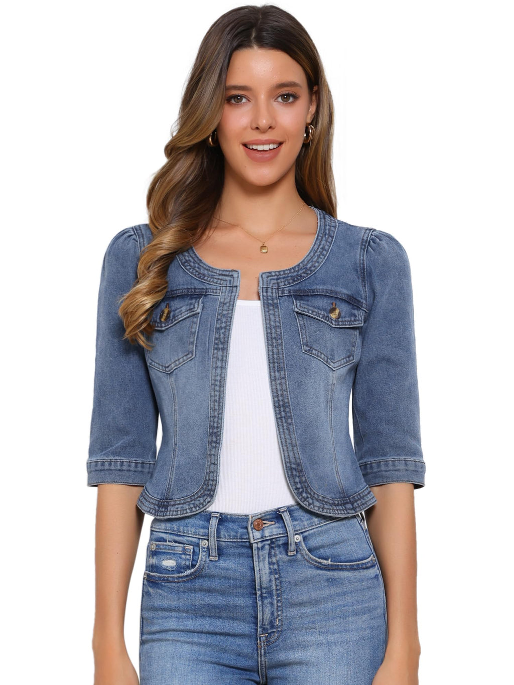 Allegra K Women's Denim Cardigan 3/4 Sleeve Collarless Jean Jackets - Gray Blue