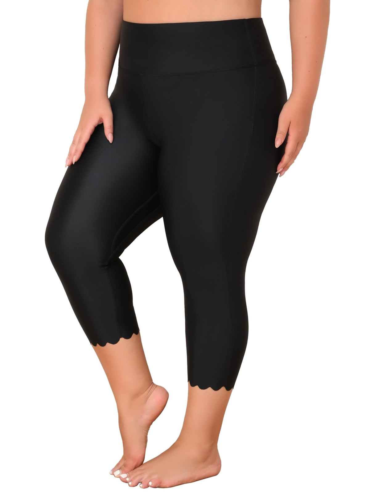 ATTRACO Womens Plus Size Swim Leggings Scalloped Trim Swim Pants Black 1X