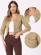 Allegra K Women's Denim Cardigan 3/4 Sleeve Collarless Jean Jackets - Khaki