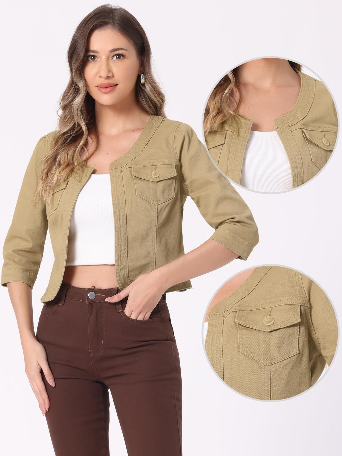 Allegra K Women's Denim Cardigan 3/4 Sleeve Collarless Jean Jackets - Khaki